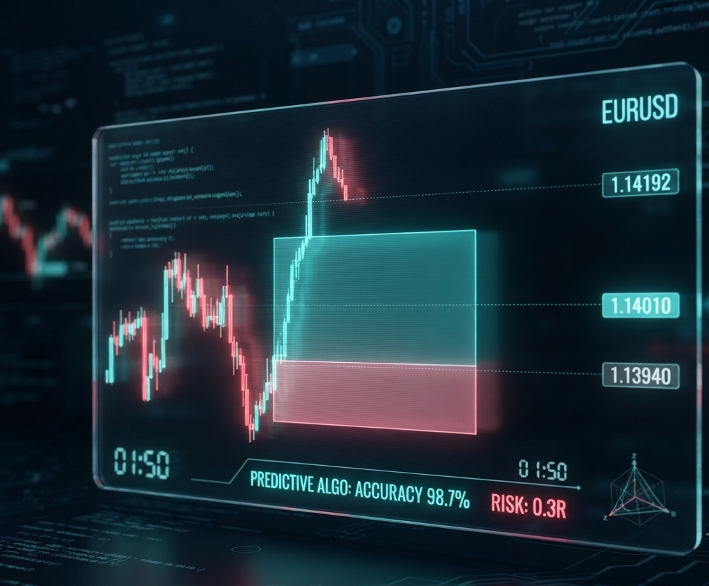 Dashboard de análisis técnico mostrando un gráfico de velas con order blocks y niveles de entrada
